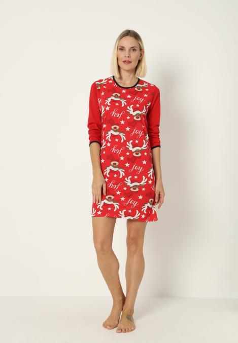 Camasa de noapte Craciun,imprimeu reni,culoare rosu ,En-gros